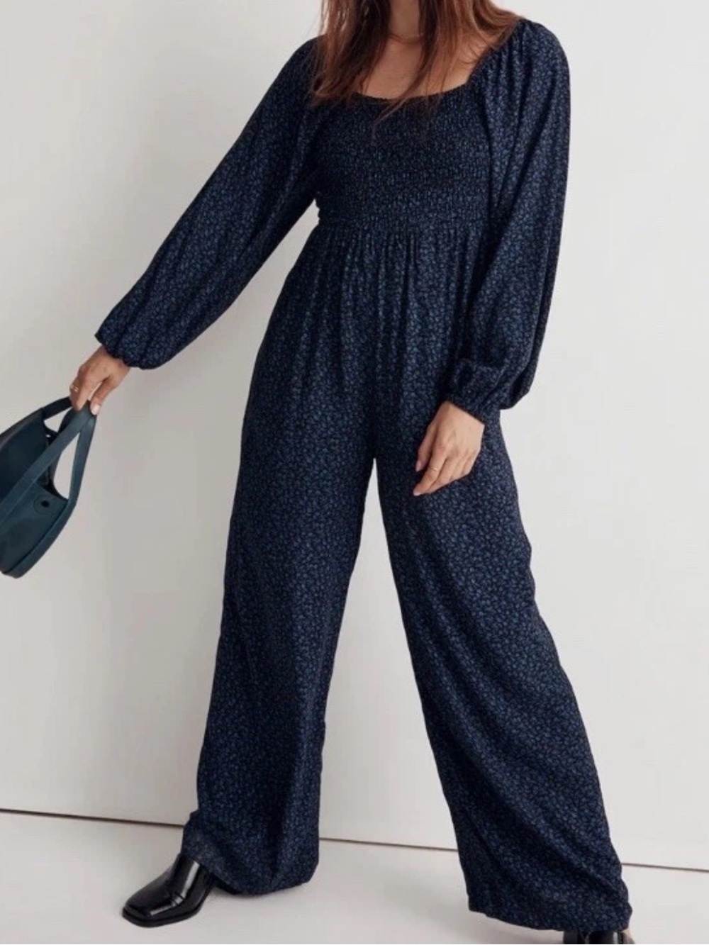 Madewell Blue Floral Jumpsuit Long Sleeve Tie Back Boho Size 12